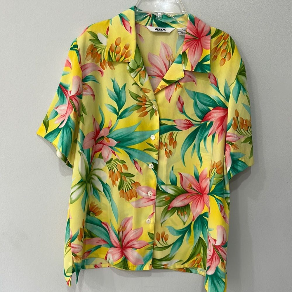 Alia Petite Floral Button Down Tropical Island Floral Blouse Top Sz 12